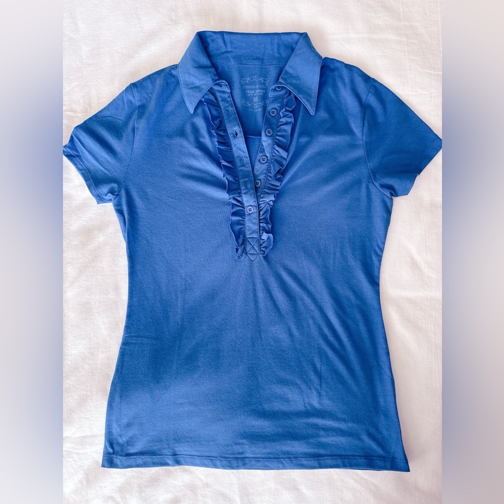 Stylish Collegiate Blue Women's Polo with Ruffle Detail